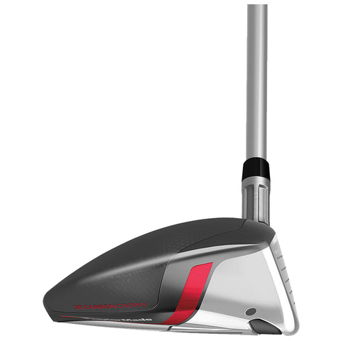 A golf club head with a sleek design is positioned upright showcasing its carbon crown and distinctive red accents in a minimalistic white background, emphasizing its modern aesthetics and technology.