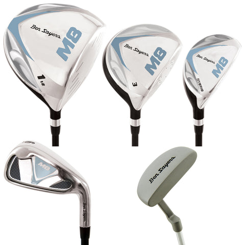 Four golf clubs are displayed featuring a driver a fairway wood a hybrid and an iron along with a putter all branded with the name Ben Sayers and the model M8