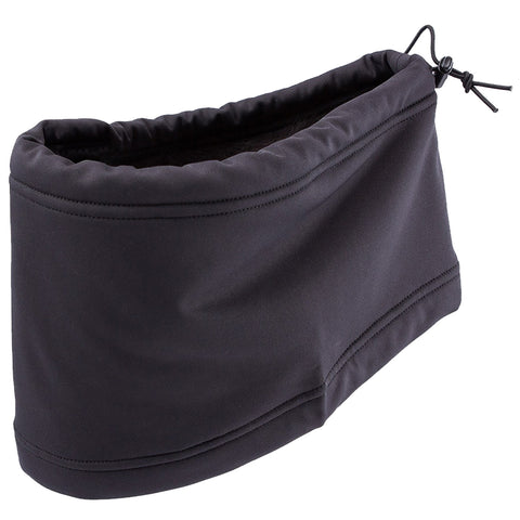 A black neck gaiter sits upright displaying a smooth fabric texture and a drawstring for adjustment in a neutral environment suitable for outdoor activities like hiking or skiing.