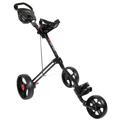 A black golf push cart stands upright with three wheels and a handle. It is designed to transport golf bags easily on a course, showcasing a lightweight and sturdy frame.