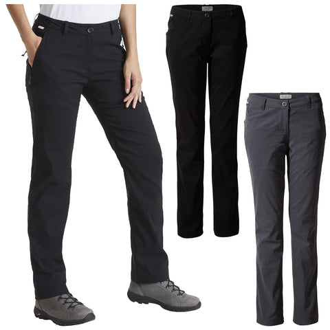 Three pairs of outdoor pants in black and grey are displayed with a model wearing one pair while standing. The pants feature a functional design suitable for active wear.