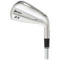 A silver golf iron club is displayed angled slightly to show its polished face and shaft. The brand name Srixon and model ZX are visible, reflecting a modern golf design.