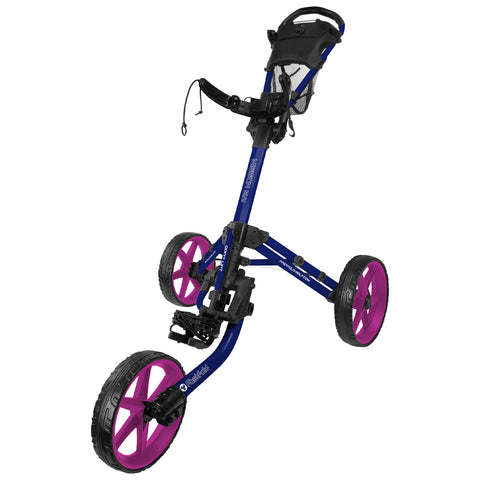 A golf push cart with a blue frame and pink wheels is positioned upright showcasing its handle and storage sections in a neutral background suggesting an outdoor environment.