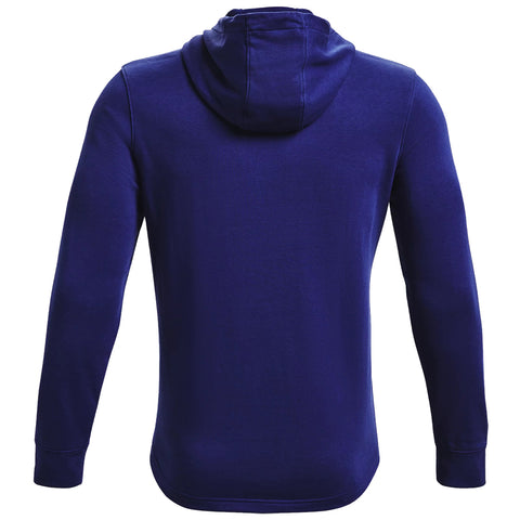 A deep blue hoodie displays its back view featuring a hood and long sleeves made of soft fabric suggesting comfort suitable for casual wear in cool environments.