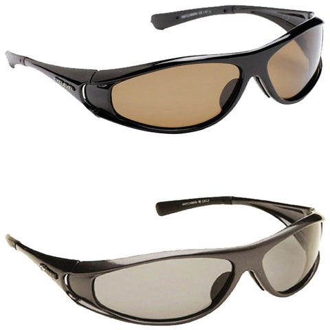 Two pairs of sunglasses are displayed stacked vertically with the top pair featuring brown tinted lenses and sleek black frames while the bottom pair has gray tinted lenses and darker frames