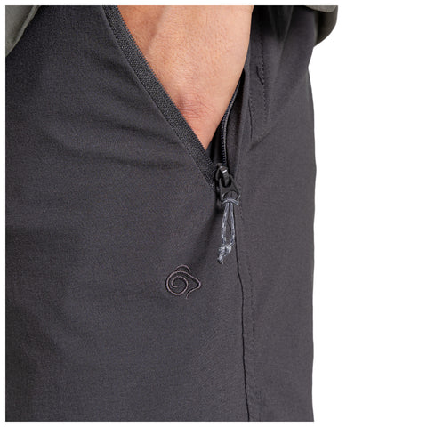 A close-up of a person's torso shows part of a black garment with a zippered pocket and a small emblem near the zipper, suggesting casual or outdoor clothing in a neutral setting.