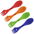 Four colorful sporks arranged in a row feature red orange green and blue colors with a multi-functional design for eating and cutting perfect for outdoor activities or camping. Each spork includes the text ROCK RIVER.