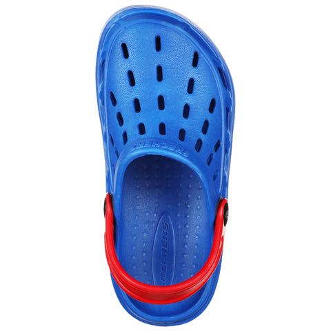 A blue croc-style shoe with ventilation holes is positioned facing upward with a red heel strap visible the context suggests a casual footwear design for comfort and breathability.