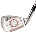 A golf club with a shiny metal head features a label on the face for training purposes indicating impact points while positioned against a white background.