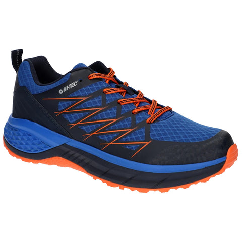 A blue and black athletic shoe with orange accents is positioned at an angle showcasing its textured upper and lacing system designed for outdoor activities and running on various terrains.