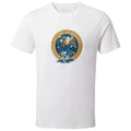 A white t-shirt features a circular logo with mountains and clouds underneath the text OUTDOOR CALLING GO EXPLORE in a combination of blue and gold colors.