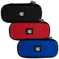 Three colorful storage cases in black red and blue are stacked horizontally displaying a honeycomb pattern on the top surface and featuring a logo labeled XQ Max on each case.