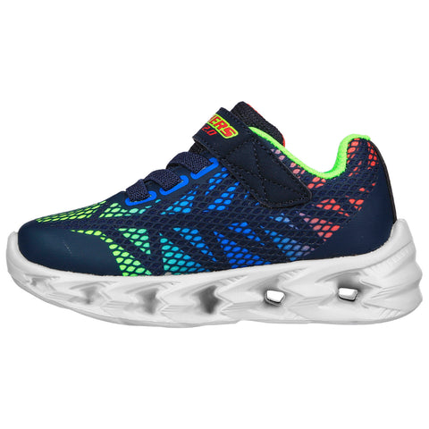 A sneaker designed for children features a vibrant mesh surface in blue and green with a white sole and a velcro strap showcasing a sporty style suitable for active wear.