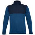 A blue pullover garment features a dark blue collar and upper part with a textured surface showcasing a brand logo subtly placed on the chest area.