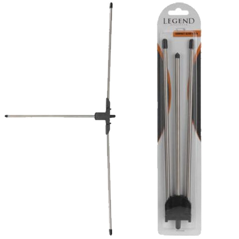 A metallic surveying tool with three adjustable rods is positioned on a flat surface next to its plastic packaging featuring the label Legend and a clear view of the product inside.