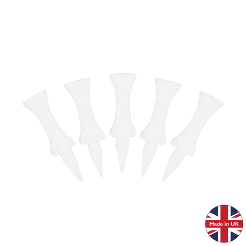 Five white pegs are arranged in a line with pointed tips designed for gripping or securing items in place against a flat surface contextually indicated by a circular logo showing the British flag and "Made in UK" text.