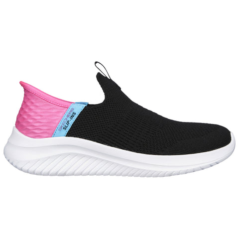 A black slip-on sneaker with a pink and blue heel features a textured upper and a white rubber sole, designed for comfort and easy wear in casual settings.