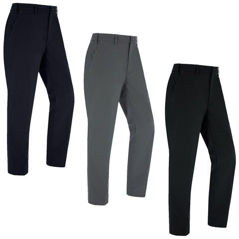 Three pairs of pants are displayed side by side each in a different color black gray and dark green showcasing their straight-leg cut and clean design against a plain white background