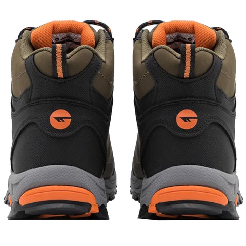 Two rugged outdoor boots are positioned back-to-back showcasing a combination of black and olive green materials with orange accents on the collar and sole designed for outdoor activities.