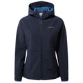 A dark navy softshell jacket with a hood features zipper front and blue accents on pockets and cuffs, positioned against a plain background, suitable for outdoor activities.