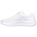 A white athletic shoe with a mesh upper features pink laces and a textured sole displaying a lightweight design indicating suitability for running or casual wear.