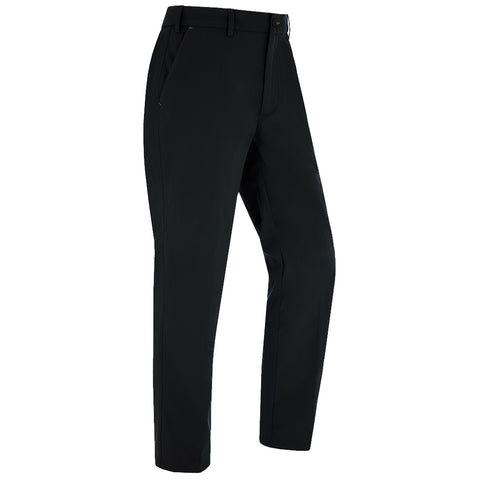 Black trousers stand upright showcasing a sleek, modern design with a fitted silhouette and side pockets, set against a plain white background suggesting a focus on clothing.