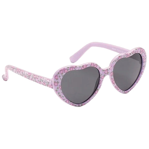 Heart-shaped sunglasses with a floral pattern on a light purple frame rest on a surface displaying dark lenses designed for sun protection and a stylish accessory in fashion contexts.