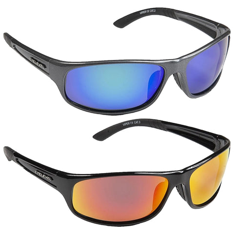 Two pairs of sunglasses are displayed one above the other the top pair has blue reflective lenses while the bottom pair has orange reflective lenses both frames are black with branding visible on the sides