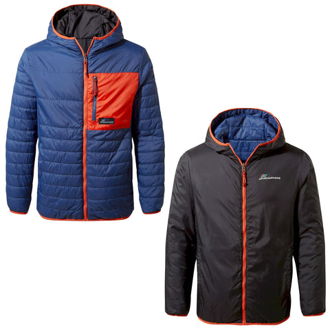 Two jackets are displayed side by side. The left jacket is blue with a red chest pocket and detailing while the right jacket is black with red accents and a logo.