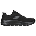 Black athletic shoe with a mesh upper designed for comfort and breathability features a thick sole providing cushioning and support on various surfaces in a neutral setting.