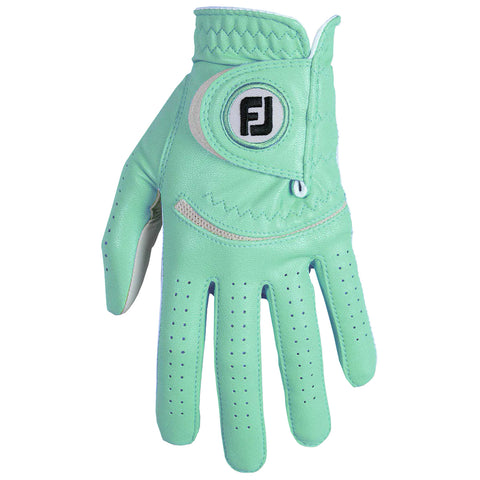 A mint green golf glove is displayed open with fingers extended showcasing perforations for breathability and a distinctive logo at the wrist indicating brand identity.