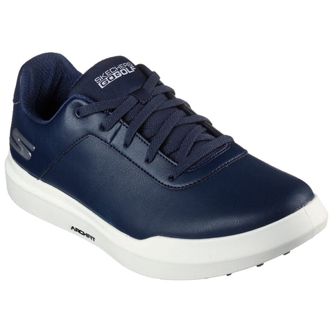 Dark blue golf shoe with a leather upper showcases laces and a padded collar while resting on a flat white outsole designed for traction and comfort in sporting environments.