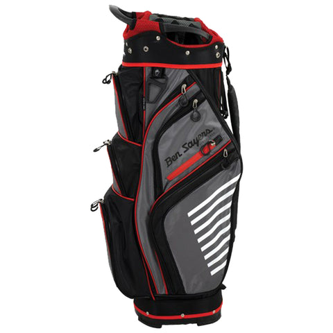 A golf bag stands upright with various compartments for storage. It features a blend of black and grey materials, red accents, and the brand name Ben Sayers prominently displayed.