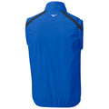 A blue sleeveless jacket is displayed with a high collar and black detailing on the shoulders The fabric appears smooth and shiny suggesting it is lightweight and suitable for athletic activities