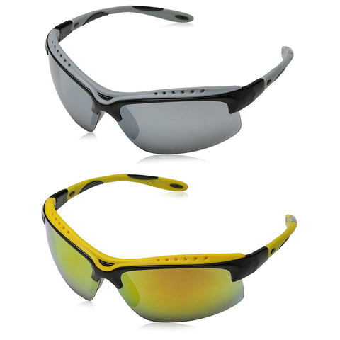 Two pairs of sporty sunglasses are displayed with one pair in gray lenses and black frames on top and the other in yellow lenses with black frames underneath against a white background.