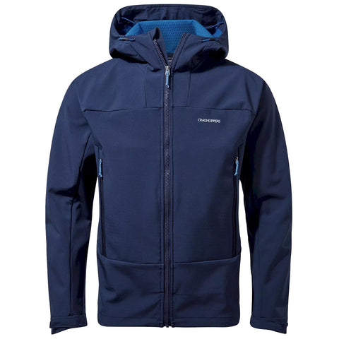 A dark blue hooded jacket is displayed with a front zipper and pockets it features a smooth exterior and a contrasting blue interior lining showcasing a simple and functional design