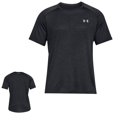 A short-sleeved black athletic shirt is displayed front and back showcasing a smooth texture and a small logo on the chest emphasizing its sporty design suitable for exercise or casual wear.