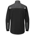 A black jacket with a gray upper section features long sleeves and reflective white stripes on the back and sleeves, suitable for outdoor activities in varying weather conditions.