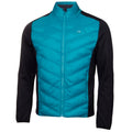 A two-toned jacket features a bright turquoise front with chevron stitching and a black fabric on the sides and sleeves designed for casual or outdoor wear.