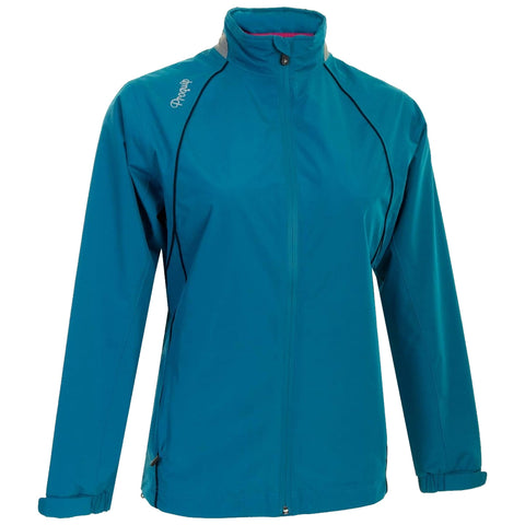 A teal outdoor jacket stands upright showcasing its sleek design featuring a high collar zip closure and long sleeves with elastic cuffs highlighting a sporty aesthetic suitable for various weather conditions.