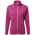 A pink zip-up fleece jacket is displayed frontally showcasing its textured pattern and stand-up collar in a neutral setting with no additional elements or context surrounding it.