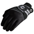 FootJoy Ladies RainGrip Golf Gloves Pair A black golf glove with a textured surface is positioned in profile view demonstrating its design features and material. The background is neutral to emphasize the glove's details.