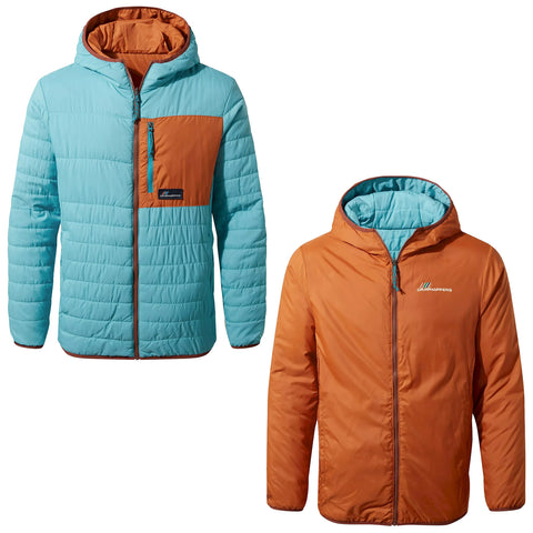 A two-tone insulated jacket is displayed with a light blue body and an orange accent pocket on the left side while the reverse side is entirely orange with a hood.