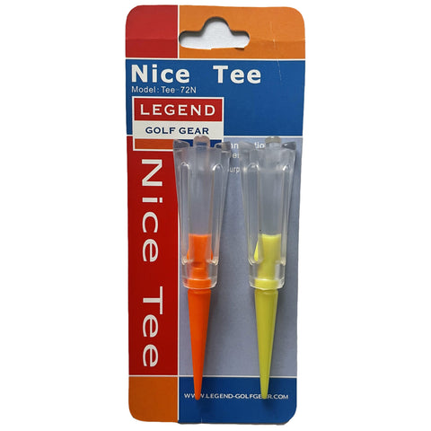 Two golf tees are packaged together, one orange and one yellow, situated on a blue and red cardboard backing labeled "Legend Golf Gear" and "Nice Tee" with a model number.