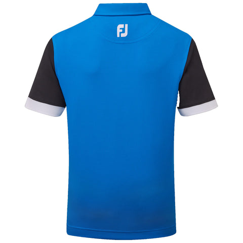 A blue polo shirt is displayed with black sleeves featuring white cuffs resting against a plain background showcasing the rear design and logo at the neckline.