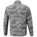 A gray camouflage jacket is presented from the back featuring a textured pattern and long sleeves in a casual style suitable for outdoor activities.