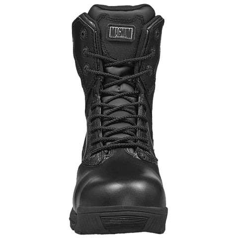 A black tactical boot stands upright with laces tightened along the front showcasing a sturdy design suitable for rugged use and outdoor environments highlighting durability and support.