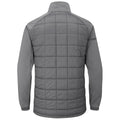 A grey jacket features a quilted back design with a smooth front. It is positioned upright, showcasing its layered structure and contrasting textures suitable for outdoor use.