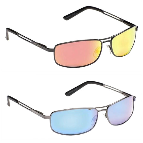 Two pairs of sunglasses are displayed with one pair having yellow and pink mirrored lenses and the other pair having blue mirrored lenses against a plain background.