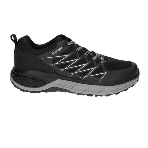 A black athletic shoe with a textured surface features grey accents and a multi-patterned sole designed for grip and stability suitable for outdoor activities.